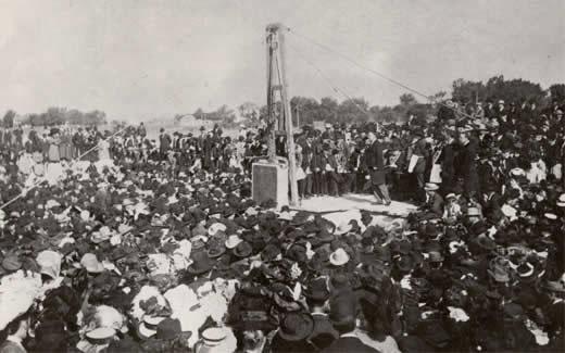 Construction on the Administration Building officially began in 1907 when the cornerstone was laid on October 12.  The town celebrated the historic event with various activities including speeches by politicians and ice cream socials.
