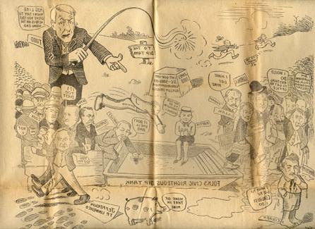 James Todd was the Editor-in-Chief of the Nodaway Democrat and one of the ringleaders involved in getting the State Officials to select Maryville as the location for the Fifth District Normal School.  The cartoon shows a caricature of James Todd using a whip.