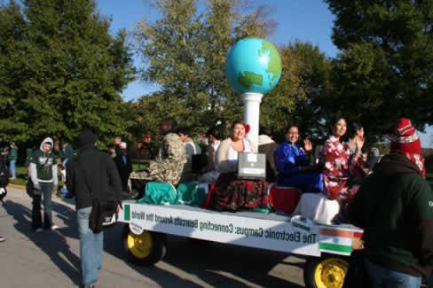 The theme of the 2007 Homecoming Parade was "Bobby Bearcat Goes Around the World" and floats like the Information Technology/International Student Organization float represented Northwest's global outreach.