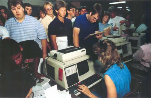 Registering for classes for fall 1987 still involved standing in long lines, but the pull-card system of past decades was gone. In 1991, students started the online self-enrollment process.